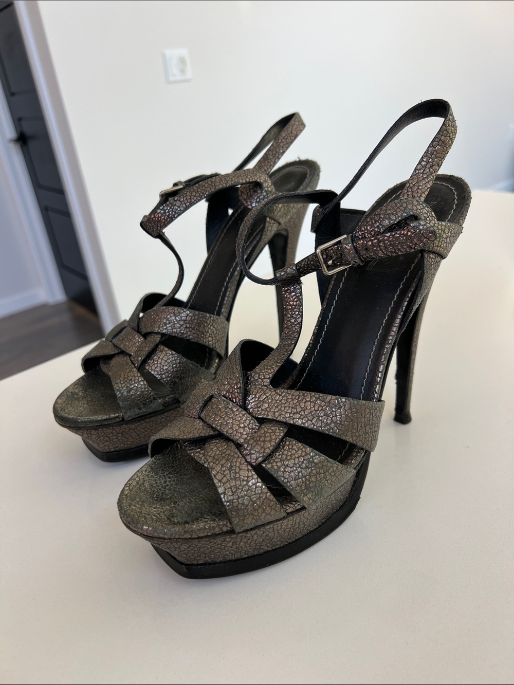 YSL yves saint laurent tribute platform open toe sandals heels gunmetal bronze